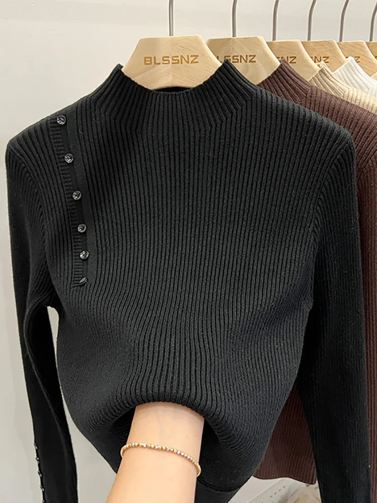 2025 Turtleneck Pullovers New-coming Autumn Winter Top Pull Femme Sweaters Long Sleeve Slim Button Korean Women's Sweater