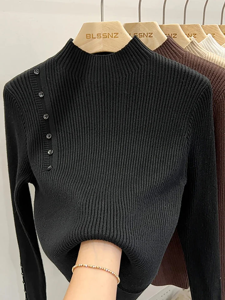 2025 Turtleneck Pullovers New-coming Autumn Winter Top Pull Femme Sweaters Long Sleeve Slim Button Korean Women's Sweater