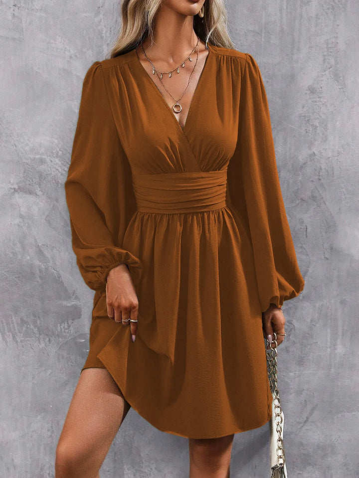 2025 Asymmetric Neck Lantern Sleeve Dress Women Winter Knit Dress with Waist Shirring Bodycon Long Maxi Dress