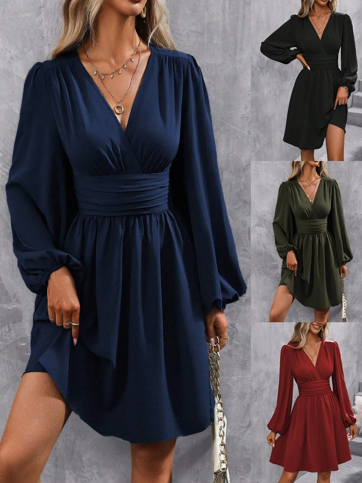 2025 Asymmetric Neck Lantern Sleeve Dress Women Winter Knit Dress with Waist Shirring Bodycon Long Maxi Dress