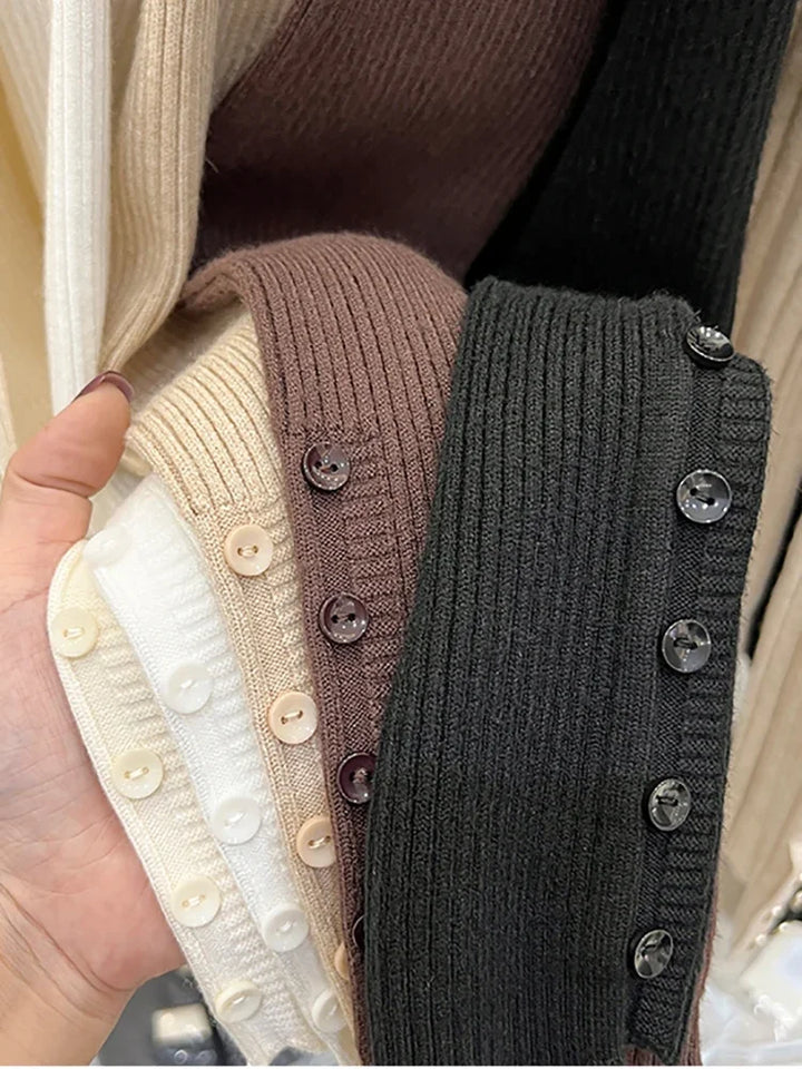 2025 Turtleneck Pullovers New-coming Autumn Winter Top Pull Femme Sweaters Long Sleeve Slim Button Korean Women's Sweater