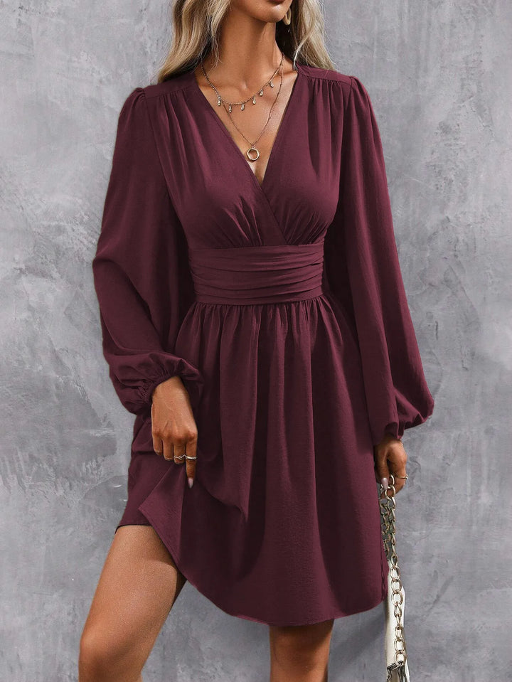 2025 Asymmetric Neck Lantern Sleeve Dress Women Winter Knit Dress with Waist Shirring Bodycon Long Maxi Dress
