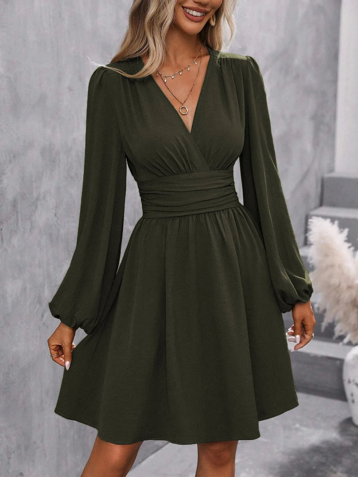 2025 Asymmetric Neck Lantern Sleeve Dress Women Winter Knit Dress with Waist Shirring Bodycon Long Maxi Dress