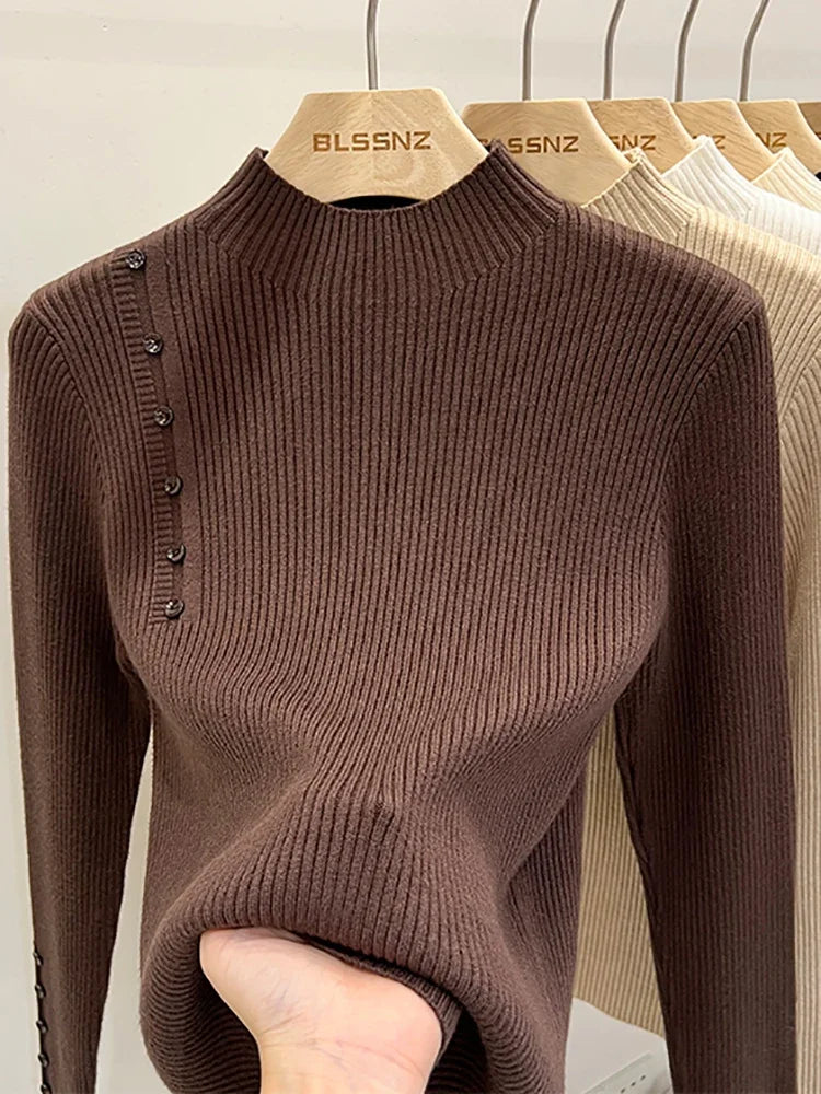 2025 Turtleneck Pullovers New-coming Autumn Winter Top Pull Femme Sweaters Long Sleeve Slim Button Korean Women's Sweater