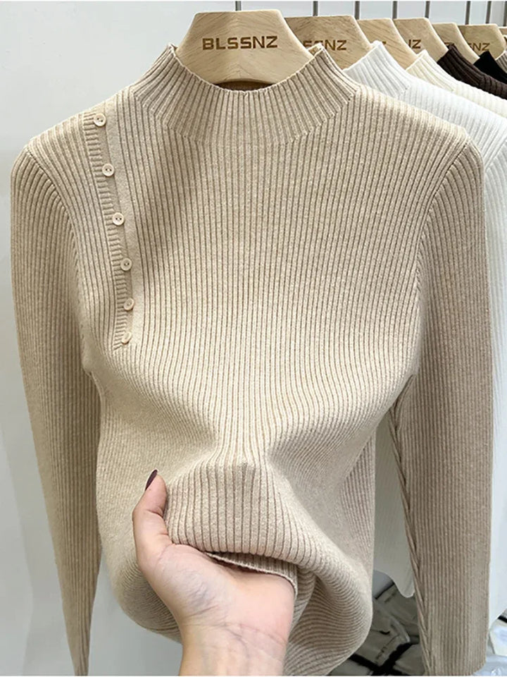 2025 Turtleneck Pullovers New-coming Autumn Winter Top Pull Femme Sweaters Long Sleeve Slim Button Korean Women's Sweater